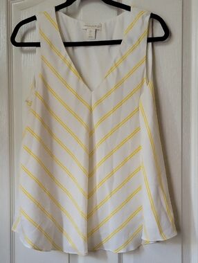 Cynthia Rowley White and Yellow Diagonal-Stripe V-Neck Tank